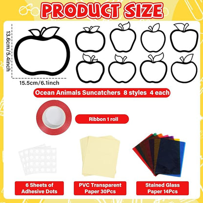 QOUBAI 32 Sets Back to School Apple Suncatchers Craft Kit DIY Window Stained Glass Effect Fall Apples Paper Craft for Home School Classroom Decor Kid Birthday Gifts Creative Art Projects Activity Game