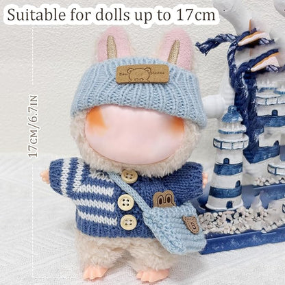 Clothes for 17cm Dolls Accessories Crochet 3 Piece Set Outfits for Doll(Blue Sweater)