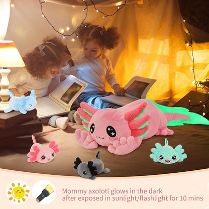 MaoGoLan 5 Pcs Axolotl Stuffed Animals with 4 Babies Inside Belly, Glow in The Dark Plush Axolotl Toys Cute Kawaii Pink Stuffed Salamander for Girls Kids Halloween Christmas Valentine's Day Gift