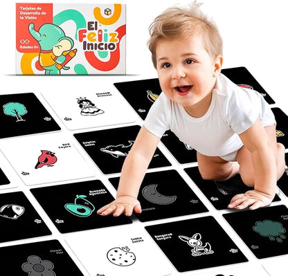 Happy Start High Contrast Baby Cards for Newborns - Black & White Cards, Water-Resistant, BPA-Free, Portable Educational Flashcards for Visual Stimulation, Award-Winning, Ages 0+ (English & Español)