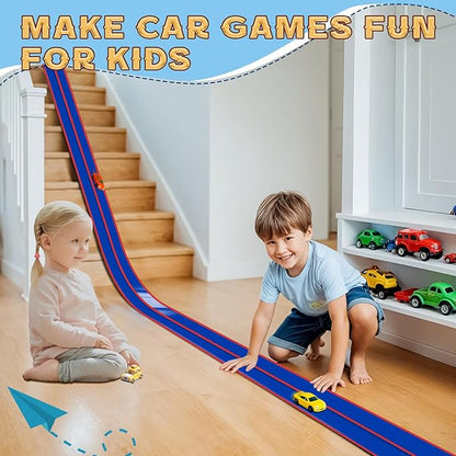 Flex Track 15 Ft Starter Set, Flexible Race Car Ramp Track for Ages 3 & Up with Suction Cups Compatible with Diecast 1/64th Cars (Blue & Red)