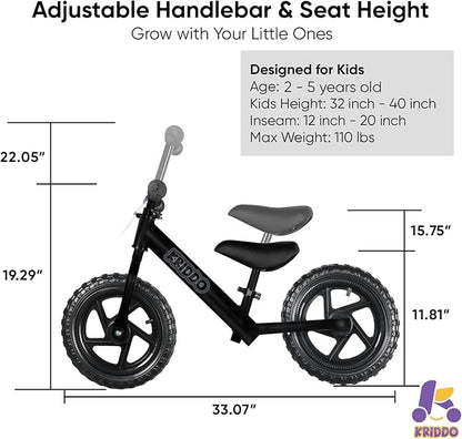 KRIDDO Toddler Balance Bike 2 Year Old, Age 24 Months to 5 Years Old, 12 Inch Push Bicycle with Customize Plate (3 Sets of Stickers Included), Steady Balancing, Gift Bike for 2-3 Boys Girls, Night