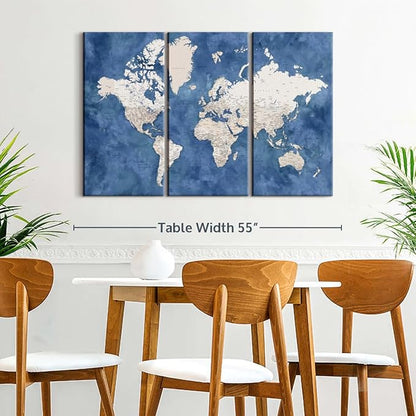 ElephantStock Detailed World Map With Cities I Wall Art - Horizontal Canvas - 3-Piece Living Room Decor - Watercolor Map Canvas Print - Beige and Blue Wall Decor by Blursbyai - 50" X 32"