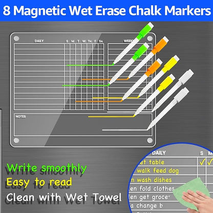 PigPotParty Magnetic Chore Chart for Adults & Teens & Kids on Fridge – 12"x9.5" Acrylic Dry Erase Chore Board with Daily, Weekly & Notes Sections – Includes 8 Fine Point Markers & Towel