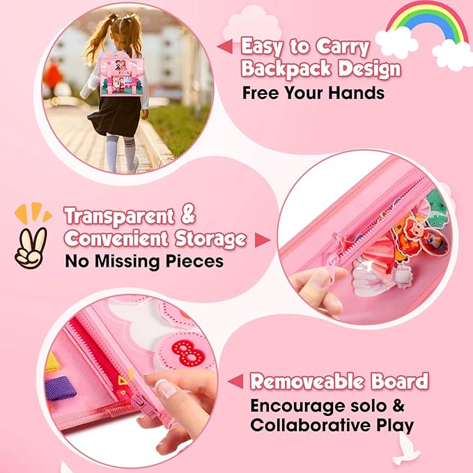 FREYBLI Toddler Busy Board, Montessori Toys for Girl Birthday Gift, Educational Quiet Activity Busy Book for Toddlers, Travel Toys for Airplane Car