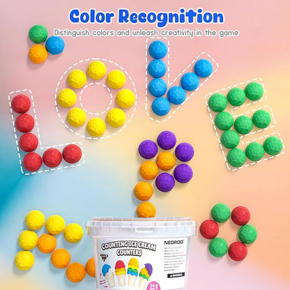 NEOROD Rainbow Ice Cream Counting Toy & Color Recognition Stacker，Sensory Math Manipulatives for Toddler Preschool Learning Activities, Fine Motor Skills Toy,Set of 42 Scoops，6 Cones, a Container.