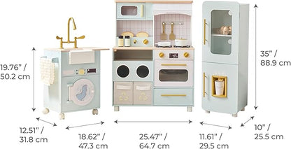 Teamson Kids Little Chef Savannah Wooden Montessori Pretend Play Kitchen for Toddlers Kids Ages 3+ Modular Three-Piece Set with Sink Cart Stove & Fridge for Boys and Girls Playset, Green