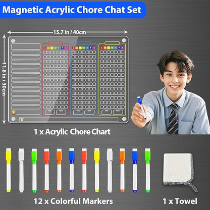PigPotParty Acrylic Magnetic Chore Chart for Multiple Kids, 3-Kid Family, 16"x12" Large Dry Erase Chore Board, Responsibility Chart for Teens & Adults, with 12 Markers & Towel
