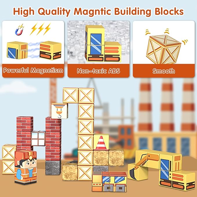 35PCS Magnetic Blocks for Kids - STEM Learning Creative Construction Sets Building Cubes with Portable Iron Storage Box, Educational Travel Games, Road Trip Sensory Toys Magnetic Tiles (Construction)