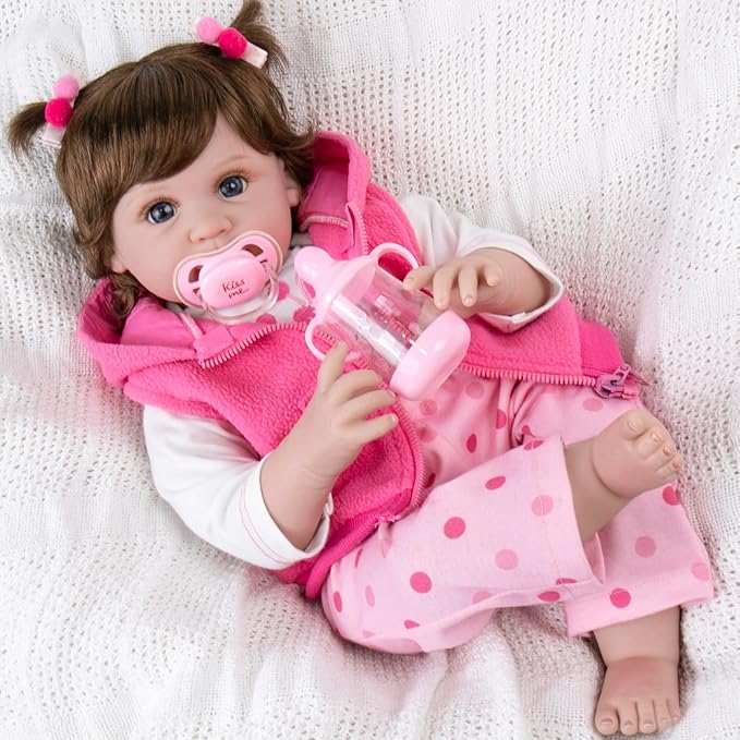 Aori Reborn Baby Girl Dolls - 22 Inch Realistic Lifelike Newborn - Handmade Soft Vinyl Girl Doll with Feeding Accessories | Weighted Cuddly Baby Toddler Gift Set for Kids 3+