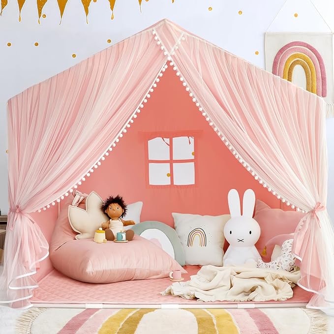 Kids Tent with Mat, Princess Tent for Girl, Kids Tents Indoor, Playhouse for Kid, Play Cottage Pink