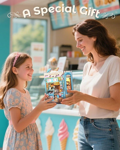 CUTEBEE Book Nook Kit, DIY Miniature House Kits for Adult and Teens, Dollhouse Booknook Tiny House, Bookshelf 3D Wooden Puzzle, DIY Craft Gifts for Family and Friends (Bella's Ice Cream)