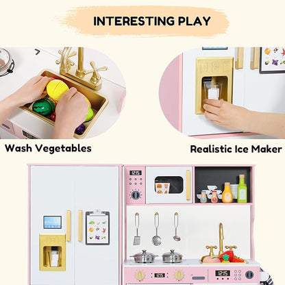 Play Kitchen Sets for Kids, Pretend Wooden Kids Kitchen Playset, Interactive Toy Kitchen with Freezer, Washing Machine, Ice Maker & Large Storage Space, for Boys Girls Ages 3+, Pink