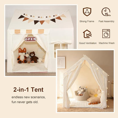 Play Tent for Kids with Star Lights, Flags, Pompoms & Gift Box, 2-in-1 Tent for Toddler with Metal Frame, Kids Indoor Playhouse, 40"x47"x50", Toy Gift for Boys & Girls