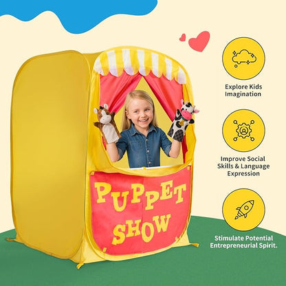 Alvantor Pop Up Puppet Show Theater & Lemonade Stand, Pretend Playhouse Kids Play Tent, Puppet Stage Tabletop Sets for Toddlers Curtain Fordable, Indoor & Outdoor Children Drama 29"X29"X43"H, 1 pc