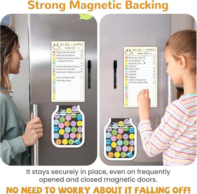 JJPRO Magnetic Daily Checklist for Kids with Smiley Faces Reward Jar- 10" x5.5“ Dry Erase List Board for Toddlers,Home Chore Chart for Fridge,Magnetic Reward Jar Positive Behavior Training -Yellow