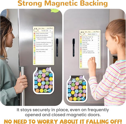 JJPRO Magnetic Daily Checklist for Kids with Smiley Faces Reward Jar- 10" x5.5“ Dry Erase List Board for Toddlers,Home Chore Chart for Fridge,Magnetic Reward Jar Positive Behavior Training -Yellow