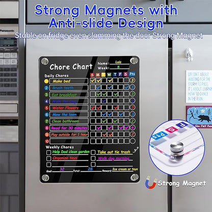 2Pcs Acrylic Magnetic Chore Chart for Kids & Adults, 12"x9.5" Clear Dry Erase Reward Board - Behavior and Responsibility Refrigerator Chart for at Home Multiple Kids, Teens(w/ 8 Markers & Towel)
