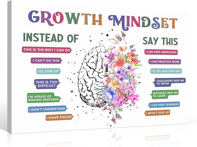 uoyien Classroom Growth Mindset Affirmations for Kids Mental Health Posters Brain Poster Psychology Special Education Calm Corner Wall Art Office Therapy Canvas Wall Decor Prints 12x16in Wood Framed