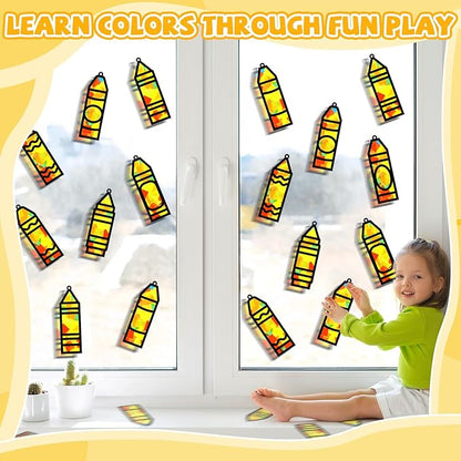 32 Sets Back to School Crayon Suncatchers Craft Kit DIY Window Stained Glass Effect Crayons Paper Crafts for Home School Classroom Decoration Kid Birthday Gifts Creative Art Projects Activity Game