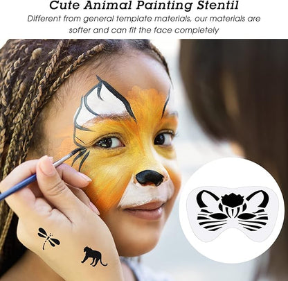 Fainne 68 Pcs Face Paint Stencils Kit, 48 Reusable Facial Painting Stencils with 10 Stickers 10 Painting Brushes Plastic Tattoo Templates for Halloween Party Makeup DIY Drawing Art (Animal Style)