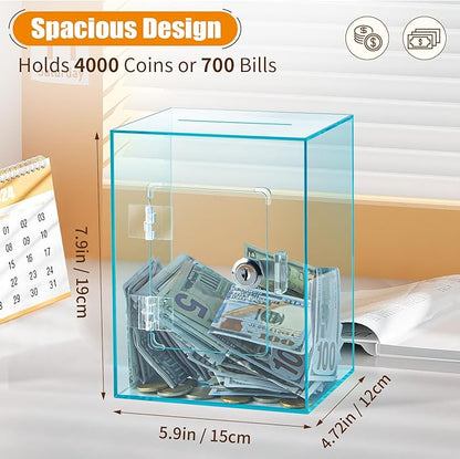 Hicocool Clear Piggy Bank with Lock, Acrylic Piggy Bank for Adults Kids Openable, Reusable Money Saving Box with Key for Birthday (Cyan)
