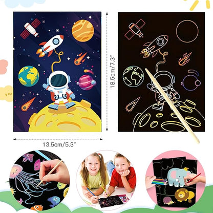 KSIWRE 3 Set Scratch Paper Art for Kids, Magic Rainbow Scratch Art with 3 Scratch Pen, Colorful Painting Book Gifts for Kids Boys Girls (Dinosaurs/Spaceman/Cute Animal)