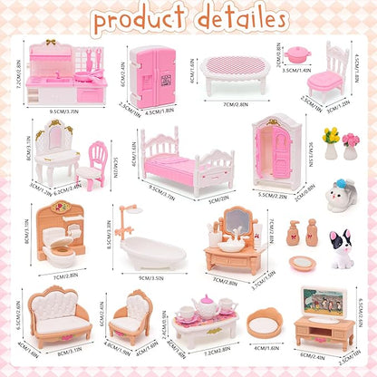 Doll House Mini Furniture 45 Pcs Dollhouse Furniture Set Accessories Pretend Play Bedroom Living Room Bathroom Kitchen for Kids Birthday and Christmas Mixed Color