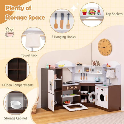 Costzon Corner Kids Kitchen Playset, Wooden Play Kitchen with Sounds & Lights, Washing Machine, Ice Maker, Microwave, Oven, Sink & Faucet, Pretend Toy Kitchen Set for Toddler, Gift for Boys Girls