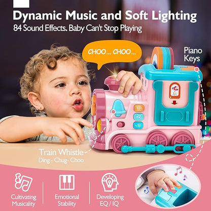 hahaland Musical Toy for Baby Girl Gifts，First Year Activity Musical Train with Talking Flash Cards Bilingual (EN/ES), Educational Learning Toys for Toddlers, Baby Toys 18-36 Months Girl Easter Gifts