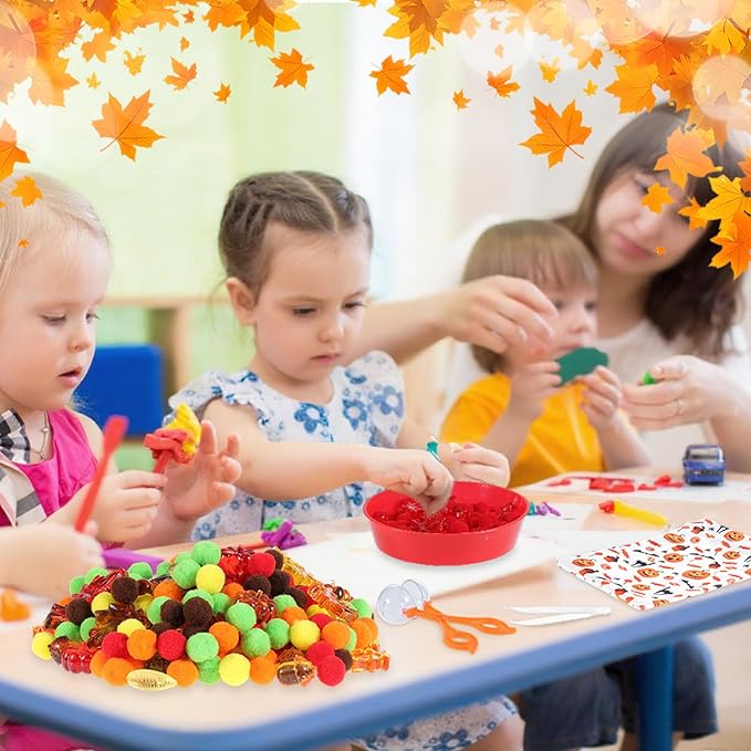 344 Pcs Fall Sensory Bin Filler Fine Motor Toys Counting Sorting Sensory Bins Pom Poms Pumpkins Acorns Maple Leaves Corn Sorting Cups Tweezers Clips Storage Bags for Fall Festival Games