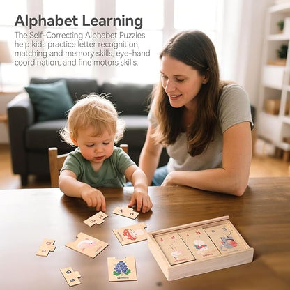 Alphabet Wooden Puzzles with Storage Box - 26 Pairs Self-Correcting ABC Puzzle - Uppercase & Lowercase Alphabet Learning Toys Matching Game - Preschool Educational Toys - Educational Gift 3+