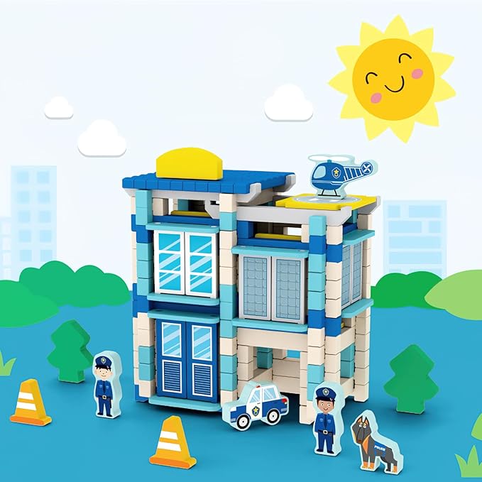 162PCS Wooden Building Blocks Set for Toddlers, Construction City Stacking Toys, Preschool Learning Educational Toys for Kids 3+ Years Girls and Boys (Police Station)