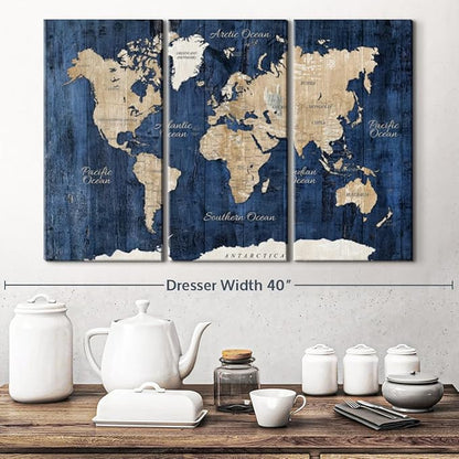 ElephantStock Aged Blue World Map II Canvas - 3 Panel Wall Decor - World Map Digital Art - Blue Wall Art - 33" X 20"