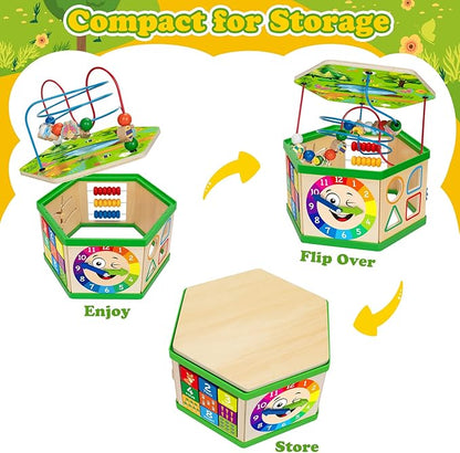 Wooden Activity Cube for 1 Year old, 12-18 Month Boys & Girls, 7-in-1 STEM Montessori Early Developmental Learning Toys for Kids Aged 1-2, Ideal 1st Birthday Gift Toys for Baby, Toddlers (Green)