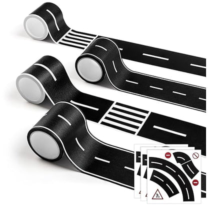 HFKPJRT Removable Toy Car Road Tape Stickers for Kids, 4 Rolls Roadway Tape with Curves, Black Residue Free Road Car Track Tape for Kids Birthday Party Racing Party Decoration, 2 Inch Wide 65 FT Long