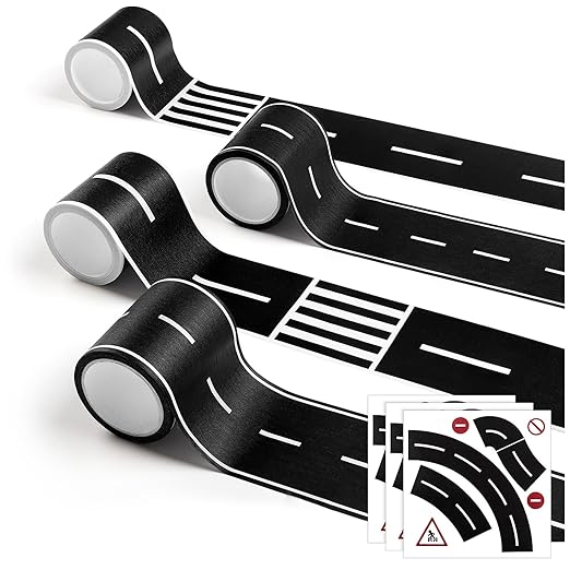 HFKPJRT Removable Toy Car Road Tape Stickers for Kids, 4 Rolls Roadway Tape with Curves, Black Residue Free Road Car Track Tape for Kids Birthday Party Racing Party Decoration, 2 Inch Wide 65 FT Long