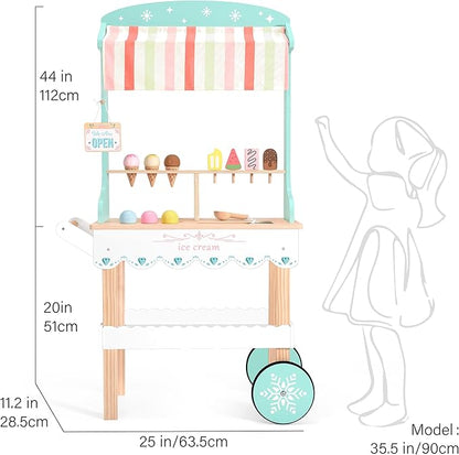 PairPear Large Wooden Ice Cream & Grocery Cart, 2 in 1 Pretend Play Ice Cream Truck Market Stand with 15 Play Food Pieces, Rolling Food Truck Toy for Kids Ages 3+