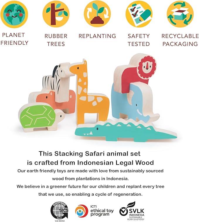 Mentari Toys - Happy Stacking Safari - 7pc Wooden Stacking Toy for Toddlers - Colorful Safari Balancing Activity Toy with Bag - Boost Fine Motor Skills and Dexterity - Educational Toy - Age 18m+