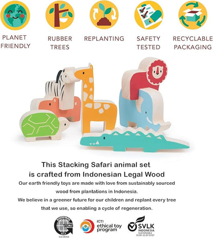 Mentari Toys - Happy Stacking Safari - 7pc Wooden Stacking Toy for Toddlers - Colorful Safari Balancing Activity Toy with Bag - Boost Fine Motor Skills and Dexterity - Educational Toy - Age 18m+