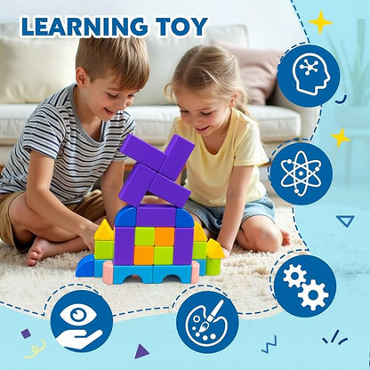 Magnetic Building Blocks, 37PCS Magnetic Blocks for Kids Ages 4-8, 3D Multi-Shape Stacking Blocks, Sensory Montessori Magnet Cubes Toys for Boys & Girls Ages 4+