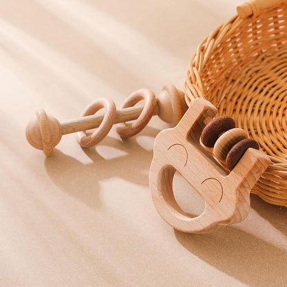 Wooden Baby Rattle, Newborn Wooden Rattle Toy, Natural Wooden Montessori Baby Grip Toy, Baby Gift Toy, Wooden Rattle Set 2PCS