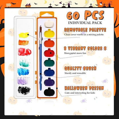 Halloween Pumpkin Watercolor Paint Set for Kids 8 Washable Colors with Brushes Water Color Painting Kit for Halloween Painting Kit Gift Party Supplies (60 Pack)