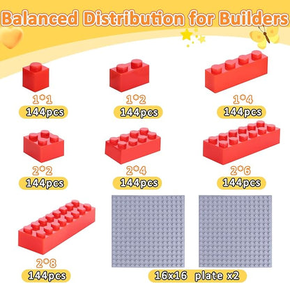 1008 Pieces Classic Building Blocks Bulk with 2 Baseplates, Building Bricks in 7 Size and 8 Color, Compatible with All Major Bricks, for Kids & MOC Lovers