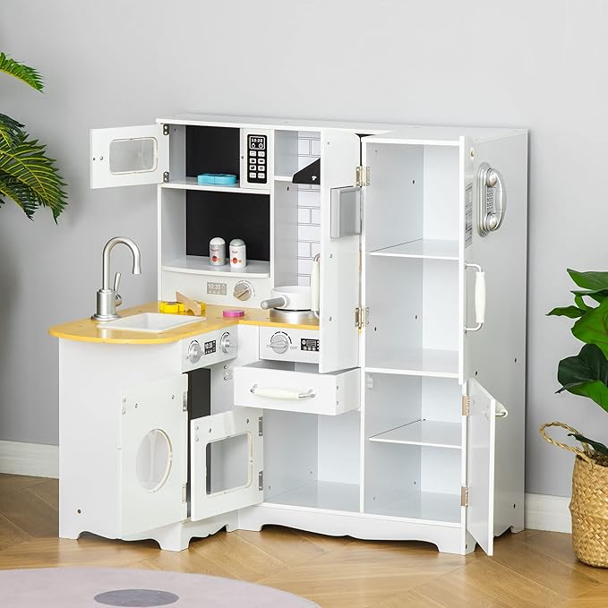 Qaba Pretend Play Corner Kitchen, Interactive Wooden Kids Play Kitchen w/Realistic Sounds, Telephone, Refrigerator, Oven, Microwave, Gift for Toddlers Aged 3+