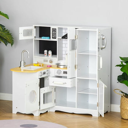 Qaba Pretend Play Corner Kitchen, Interactive Wooden Kids Play Kitchen w/Realistic Sounds, Telephone, Refrigerator, Oven, Microwave, Gift for Toddlers Aged 3+