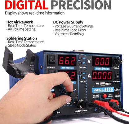 YIHUA 853D 2A USB SMD Hot Air Rework Soldering Iron Station, DC Power Supply 0-15V 0-2A with 5V USB Charging Port and 35 Volt DC Voltage Test Meter