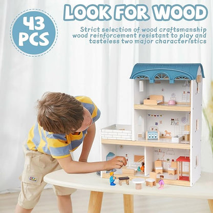 Wooden Dollhouse for Kids, Wood Doll Houses,Three-Story Dollhouse with Furniture & Accessories, DIY Pretend Play House with 3 Toy Figures, Gift for Toddlers & Young Girls Boys