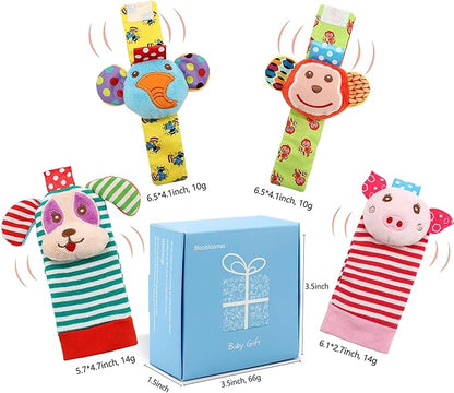 Infant Rattle Socks Toys 0 to 12 Months, Baby Wrist Rattle Foot Finder Socks Set, Birthday Holiday Present for Newborn Boy Girl 0/3/4/6/7/8/9/12/18 Months Kids Toddler, Gift Box Package (4A)