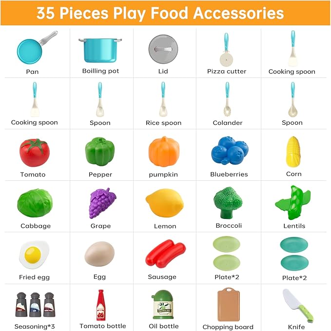 35Pcs Kids Kitchen Toy Accessories, Toddler Pretend Cooking Playset with Play Pots, Pans, Utensils, Cookware, Play Food Set, Toy Vegetables, Learning Gift for Girls & Boys (Turquoise)